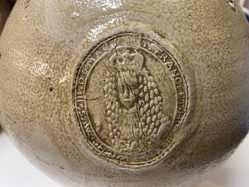 A rare German stoneware bellarmine jug with royalist medallions, Westerwald, late 17th C.