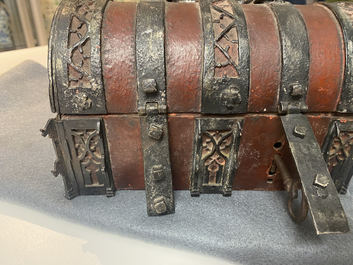 A partly red painted cast iron casket, France, 15th C.