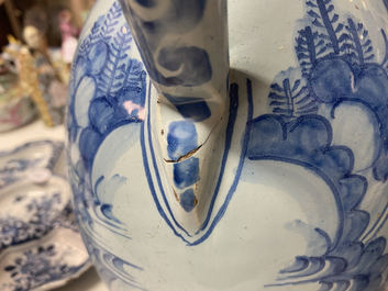 A large Dutch Delft blue and white chinoiserie ewer, 17th C.