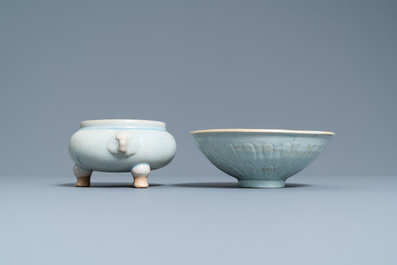 A Chinese junyao tripod censer and a qingbai 'lotus' bowl, Song