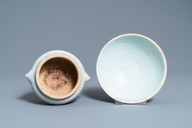 A Chinese junyao tripod censer and a qingbai 'lotus' bowl, Song