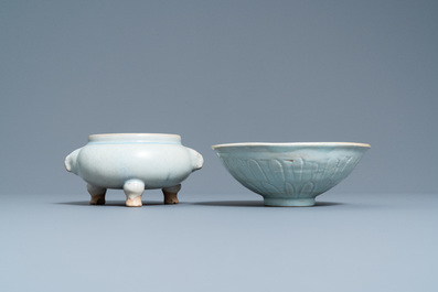 A Chinese junyao tripod censer and a qingbai 'lotus' bowl, Song