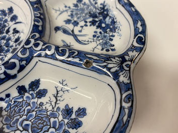 A lobed Dutch Delft blue and white spice dish with birds, late 17th C.