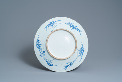 A Chinese famille verte 'yenyen' 'rice production' vase and a large blue and white 'peacock' dish, 19th C.