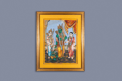 Ecole de Thanjavur, Inde du Sud, pigments et dorure sur papier: 'Vishnu', 19&egrave;me