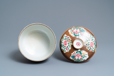 A Chinese famille rose capucine brown-ground bowl and cover, Qianlong