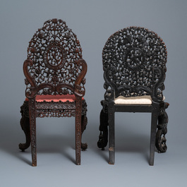 Twee Anglo-Indische koloniale of Ceylonese opengewerkte houten stoelen, 18/19e eeuw