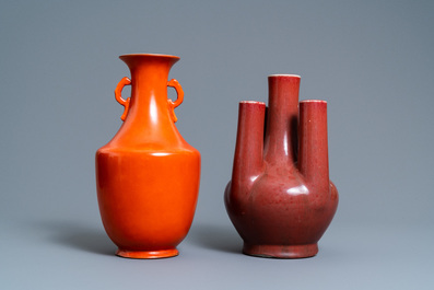 A Chinese monochrome coral red vase and a five-spouted sang de boeuf-glazed vase, 19/20th C.