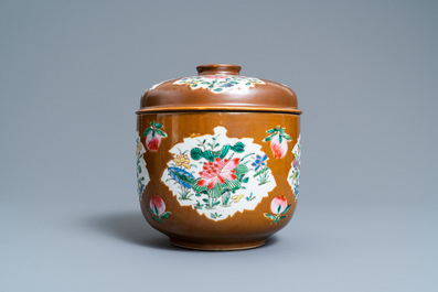 A Chinese famille rose capucine brown-ground bowl and cover, Qianlong