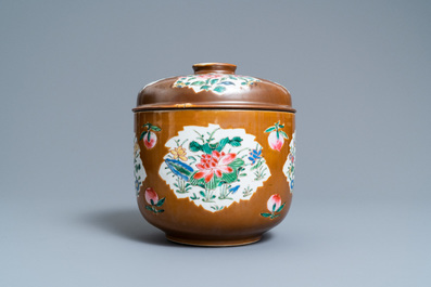 A Chinese famille rose capucine brown-ground bowl and cover, Qianlong