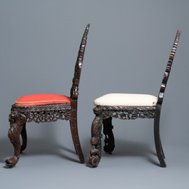 Twee Anglo-Indische koloniale of Ceylonese opengewerkte houten stoelen, 18/19e eeuw