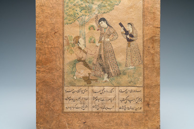 Une miniature persane sur papier: 'Homme agenouill&eacute; devant une beaut&eacute; et sa servante', probablement Inde, 18/19&egrave;me