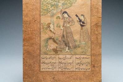 Perzische miniatuur op papier: 'Knielende man voor een dame en haar dienares', wellicht India, 18/19e eeuw