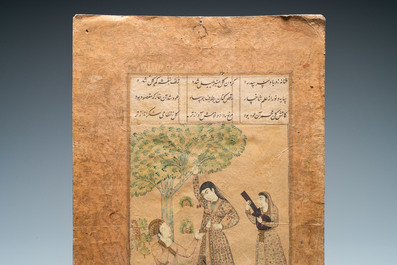 A Persian miniature on paper: 'Kneeling man in front of a beauty and her servant', probably India, 18/19th C.