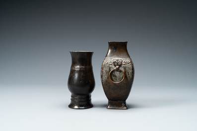 A Chinese bronze 'zhi' vase and an archaic two-ringed vase, Song and Qing