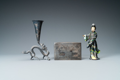 A Chinese enamelled silver figure, a silver vase, a silver-inlaid bronze censer and a silver-plated bronze box, 19/20th C.