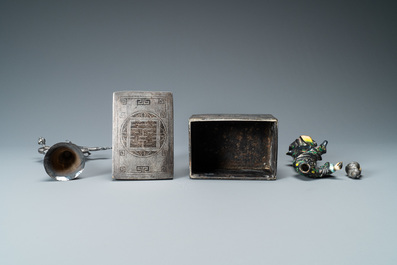 A Chinese enamelled silver figure, a silver vase, a silver-inlaid bronze censer and a silver-plated bronze box, 19/20th C.