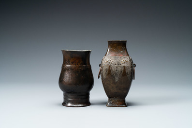 A Chinese bronze 'zhi' vase and an archaic two-ringed vase, Song and Qing