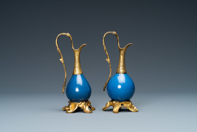 Two Chinese monochrome blue vases mounted as ewers with gilt bronze, Kangxi and 19th C.