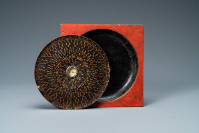 A Chinese lacquered and painted wooden 'Feng Shui' compass, various marks, 19th C.