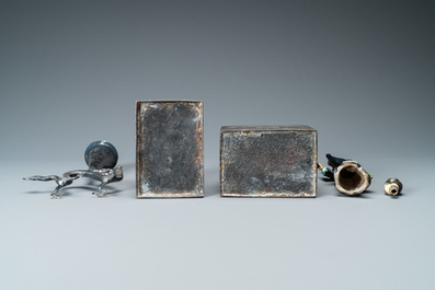 A Chinese enamelled silver figure, a silver vase, a silver-inlaid bronze censer and a silver-plated bronze box, 19/20th C.