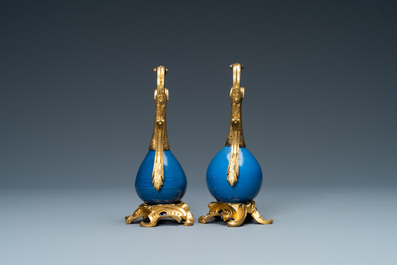 Two Chinese monochrome blue vases mounted as ewers with gilt bronze, Kangxi and 19th C.