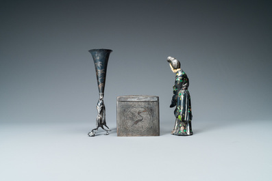 A Chinese enamelled silver figure, a silver vase, a silver-inlaid bronze censer and a silver-plated bronze box, 19/20th C.