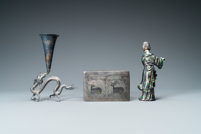 A Chinese enamelled silver figure, a silver vase, a silver-inlaid bronze censer and a silver-plated bronze box, 19/20th C.