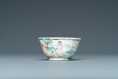 A rare Chinese famille rose miniature 'Leda and the swan' cup and saucer, Yongzheng/Qianlong