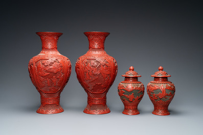 Two pairs of Chinese red cinnabar lacquer vases, 19/20th C.