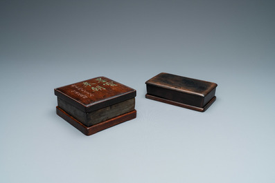 Two Chinese 'duan' ink stones in wooden cases, 19/20th C.