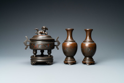 A Chinese inlaid bronze censer and a pair of vases for the Vietnamese market, 19th C.