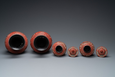 Two pairs of Chinese red cinnabar lacquer vases, 19/20th C.