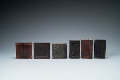 Two Chinese 'duan' ink stones in wooden cases, 19/20th C.