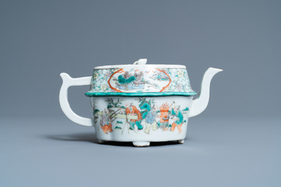 An unusual Chinese Canton famille verte teapot and cover, 19th C.
