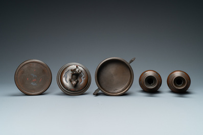 A Chinese inlaid bronze censer and a pair of vases for the Vietnamese market, 19th C.