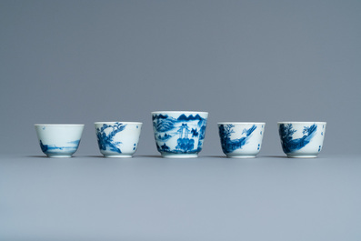 Five Chinese blue and white 'Bleu de Hue' cups for the Vietnamese market, 19th C.