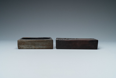 Two Chinese 'duan' ink stones in wooden cases, 19/20th C.