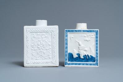 Two Chinese blanc de Chine and blue and white relief-moulded tea caddies, 19th C.
