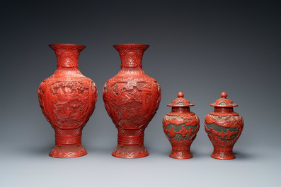 Two pairs of Chinese red cinnabar lacquer vases, 19/20th C.