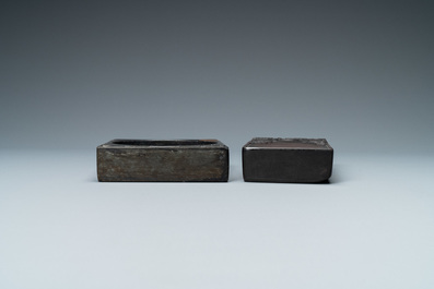 Two Chinese 'duan' ink stones in wooden cases, 19/20th C.