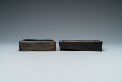 Two Chinese 'duan' ink stones in wooden cases, 19/20th C.