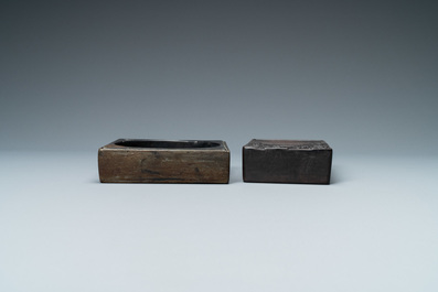 Two Chinese 'duan' ink stones in wooden cases, 19/20th C.