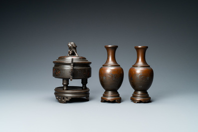 A Chinese inlaid bronze censer and a pair of vases for the Vietnamese market, 19th C.