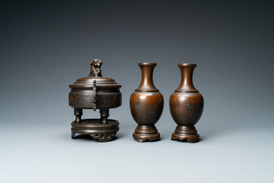 A Chinese inlaid bronze censer and a pair of vases for the Vietnamese market, 19th C.