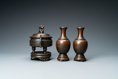 A Chinese inlaid bronze censer and a pair of vases for the Vietnamese market, 19th C.