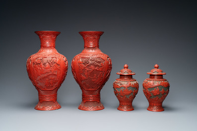 Two pairs of Chinese red cinnabar lacquer vases, 19/20th C.