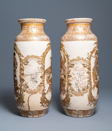 A pair of tall Japanese Satsuma vases, Meiji, 19th C.