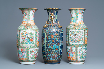 A pair of Chinese Canton famille rose vases and a blue-ground vase, 19th C.