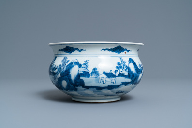 A Chinese blue and white censer with figures in a mountainous landscape, Kangxi